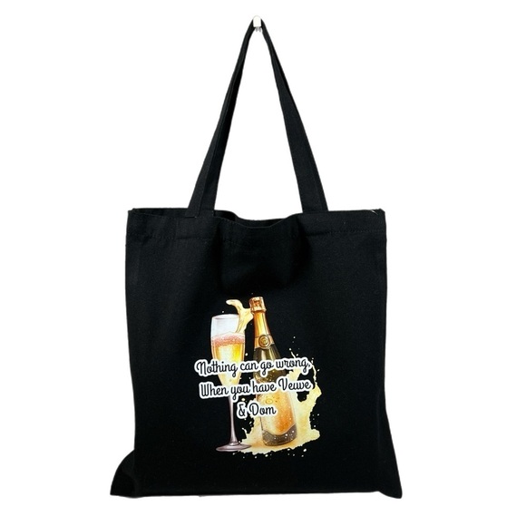Black Canvas 2 Pc Tote bag & Cosmetics pouch Set Champagne Glass & Bottle design - Picture 2 of 8